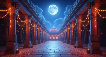 Obraz premium Enchanting Nighttime Temple Corridor Illuminated by Full Moon and Lanterns