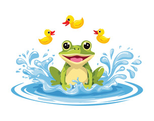 Excited frog and baby ducks playing splashing water together