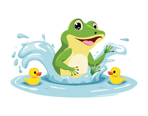 Cheerful green frog jumping happily from the splashing water