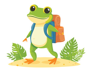  Cheerful Frog Mascot Hiking with a Backpack and Leaves