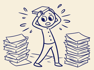 Vector illustration of a confused character overwhelmed by a pile of books at work