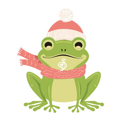 Cheerful Frog Mascot Wearing a Scarf and a Beanie