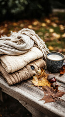 Thick, soft sweaters are neatly stacked on a rustic bench, complemented by a glowing candle and scattered acorns. Colorful autumn leaves create a warm ambiance in the setting