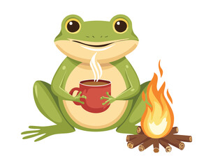 Happy Frog Mascot Drinking a Hot Drink by a Fire