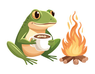 Happy Frog Mascot Drinking Hot Coffee by a Campfire