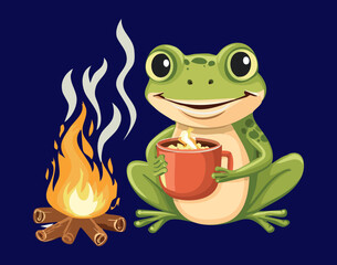 Cute Frogs Drinking a Hot Beverage by a Campfire
