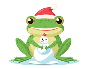 Happy Frog Mascot Wearing a Santa Hat with a Snowman