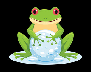  Smiling frog sitting on a snowball during winter season artwork