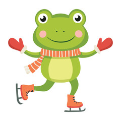 Adorable cartoon frog on skates wearing red scarf and mittens