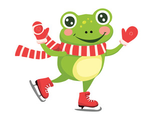 Smiling frog on ice skates with red scarf and mittens