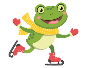 Happy frog character ice skating wearing a yellow scarf