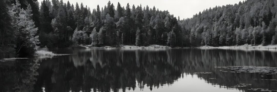 Serene Forest Lake Reflection in Black and White Landscape Scene - Powered by Adobe