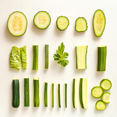 Fresh green vegetables artfully arranged and sliced for healthy cuisine