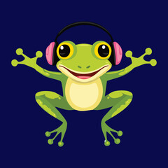 Smiling green frog character with big red headphones
