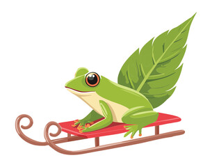 Cute Frog Sledding on a Green Leaf