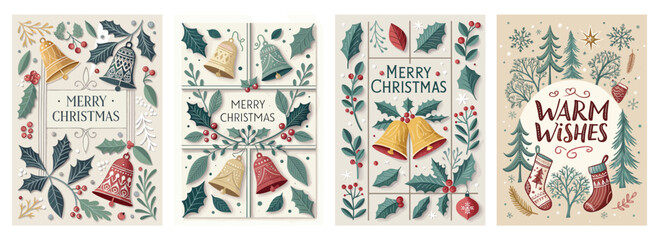 Decorative Christmas cards featuring bells, holly, and warm wishes in a festive design.
