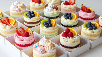 A vibrant assortment of artfully decorated mini layer cakes with fresh fruit and cream toppings, presented in a gift box