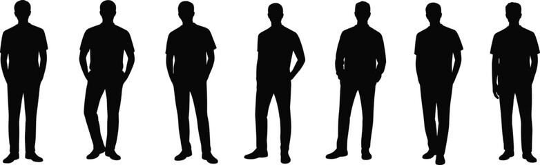 Silhouette of standing men in various casual poses, black vector illustration, modern male character icon design, minimal flat style