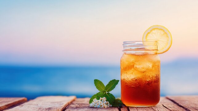 Refreshing iced tea in a glass jar with lemon and mint by the ocean at sunset - Powered by Adobe