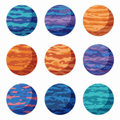 Colorful stylized cartoon planets or celestial bodies set, depicting a vibrant cosmic collection ideal for space and science-themed projects.