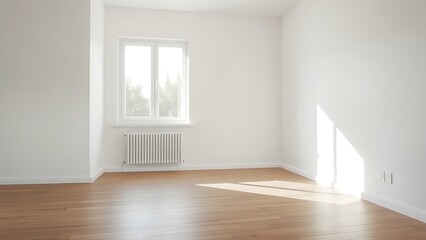 Fototapeta premium Minimalist mid-century modern living space with wooden floors and soft natural light from a window.
