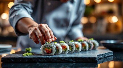Sushi chef adding garnish to a row of colorful sushi rolls on a gray stone slab