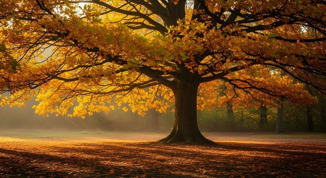Majestic autumn oak tree bathed in golden sunlight and falling leaves