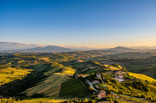 Marche, spectacular view and sunset on the Marche hills from the Ripatransone viewpoint.