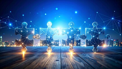 Connected puzzle pieces on a wooden surface at night