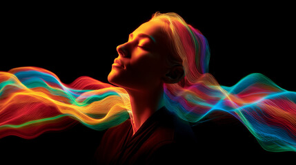 Woman experiencing sound healing therapy with vibrant audio waves. Colorful frequency vibrations create peaceful meditation atmosphere for wellness and mental health treatment.