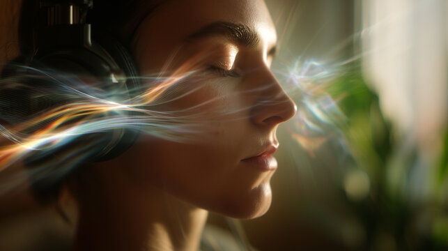 Peaceful woman practicing sound healing meditation with colorful light waves. Audio therapy concept showing mindful breathing and wellness through spiritual energy vibrations.