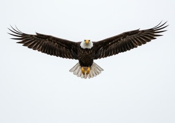 Fototapeta premium Bald Eagle in Flight Against White Sky with Outstretched Wings
