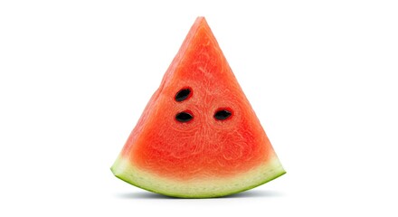 Triangular watermelon slice with red flesh black seeds  a green rind isolated on a white background
