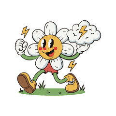 Retro cartoon daisy flower mascot holding storm cloud with lightning, vintage walking character illustration