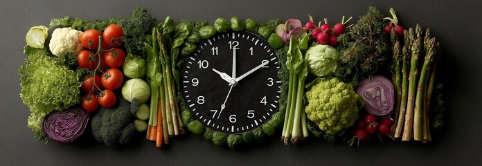 Continual Fasting,  An imaginative clock created from fresh veggies that promotes time management and a healthy diet.