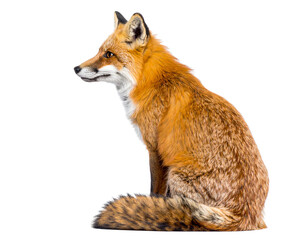 Obraz premium Realistic Orange Fox Sitting Calmly, Side View, Isolated on White Background 