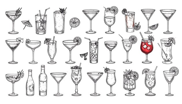 Elaborate assortment of hand-drawn cocktail illustrations in retro sketch style perfect for - Powered by Adobe