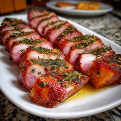 Plate of smoked pork apaki, pink-centered and infused with a deep, savory smokiness. 