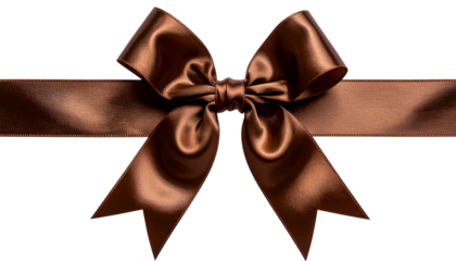 metallic bronze brown silk ribbon bow with long straight strips isolated on transparent background, gift wrap decoration design