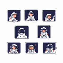 Diverse cartoon astronauts in spacesuits peeking from windows, a set of character illustrations for space and technology concepts. © Nadhirotul