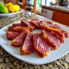   Traditional Crete apaki smoked pork, tender slices with a delicate smoky flavor, ready to enjoy. 