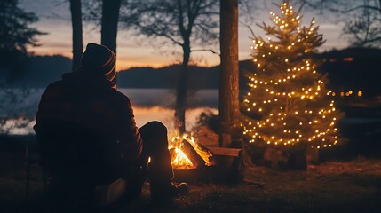 Fototapeta premium Holiday lights on tree and warm fire beside it peaceful setting