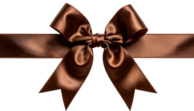 metallic bronze brown silk ribbon bow with long straight strips isolated on transparent background, gift wrap decoration design