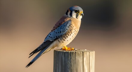 Stunning wildlife portrait of an American Kestrel (Falco sparverius) perched elegantly on a weathered wooden post