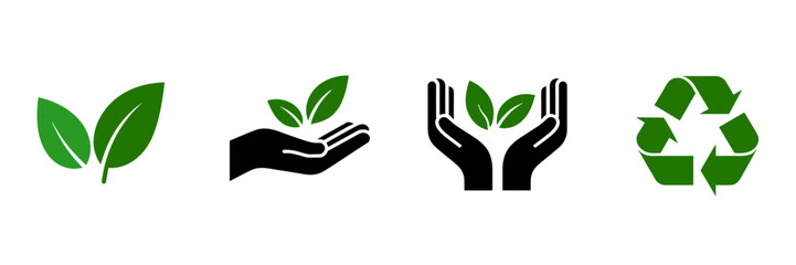 Obraz premium Planting Green Initiatives in Nature, Symbolic Icons for Sustainability