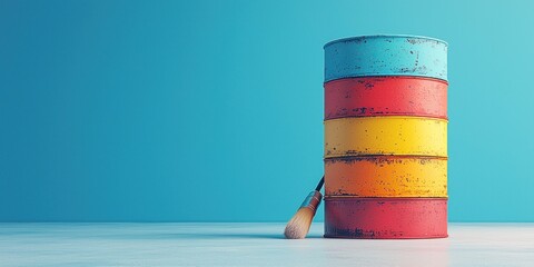 Stacked colorful rusty metal cylinders against a teal background with a wooden tool