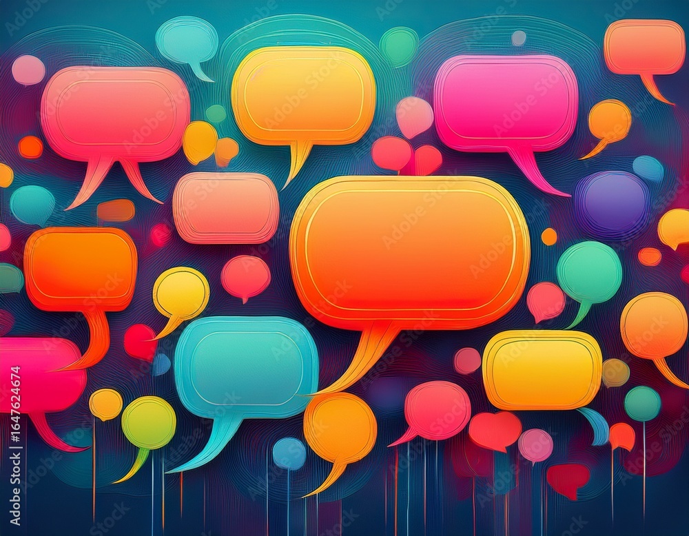 Poster vibrant speech bubbles in various colors create a playful backdrop symbolizing communication and int