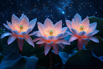 Generative AI illustration of magical forest filled with night blooming flowers like moonflower eveningprimrose and nightphlox glowing in moonlight