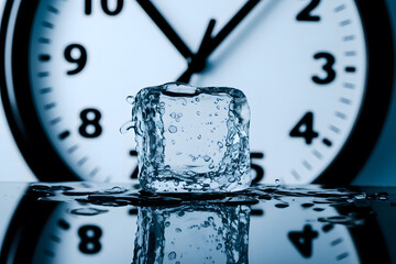 Time Melting Away: Ice Cube in Front of Clock. AI Generated 