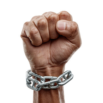 Fist clenched tightly with metal chain wrapped around wrist symbolizing strength and breaking free from restraint or oppression in powerful emotional expression